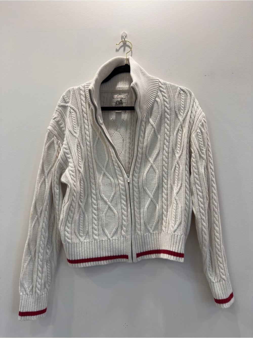 Vintage Roots White Cable-Knit Zip Cardigan with Red Trim